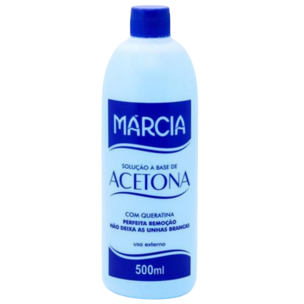 Frasco da Acetona Márcia 500ml usado para remoção rápida de esmaltes, ideal para manicures e salões de beleza.