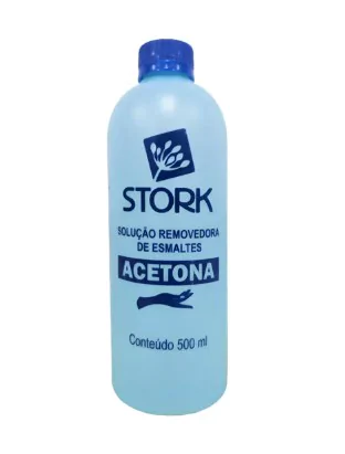 Frasco da Acetona Stork 500ml usado para remoção rápida de esmaltes, ideal para manicures e salões de beleza.